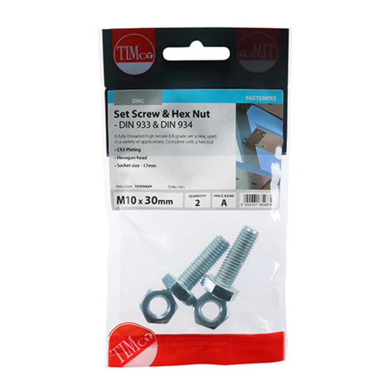 Timco Set Screws & Hex Nuts – Grade 8.8 – Zinc M10 x 30