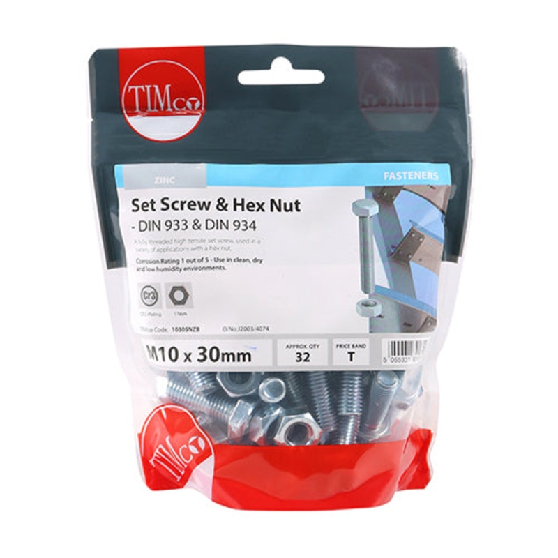 Timco Set Screws & Hex Nuts – Grade 8.8 – Zinc M10 x 30 – 32 Pieces