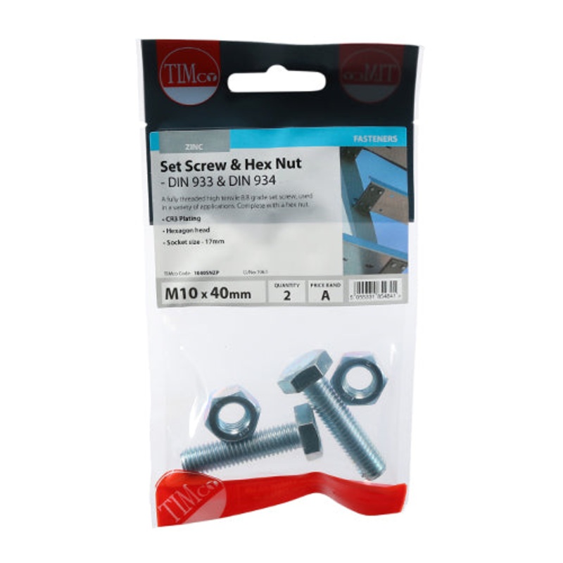 Timco Set Screws & Hex Nuts – Grade 8.8 – Zinc M10 x 40