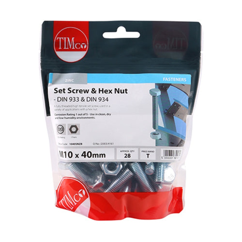 Timco Set Screws & Hex Nuts – Grade 8.8 – Zinc M10 x 40 – 28 Pieces