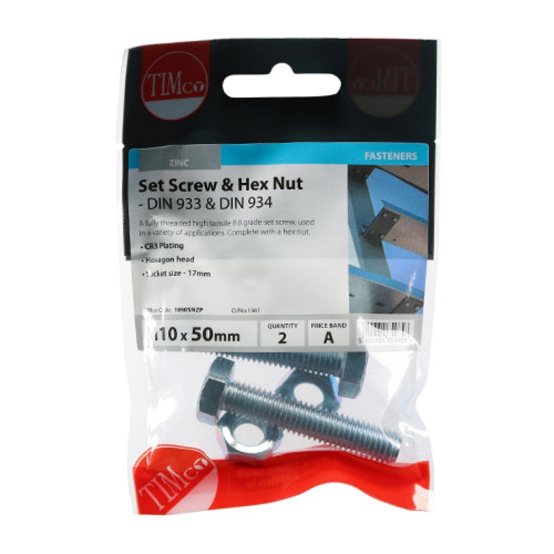 Timco Set Screws & Hex Nuts – Grade 8.8 – Zinc M10 x 50