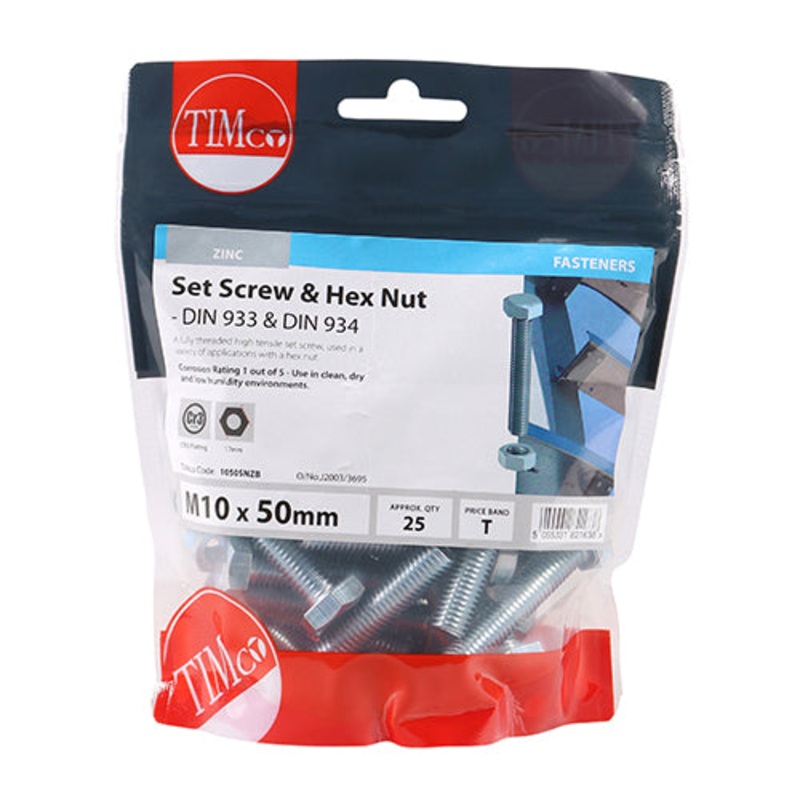 Timco Set Screws & Hex Nuts – Grade 8.8 – Zinc M10 x 50 – 25 Pieces
