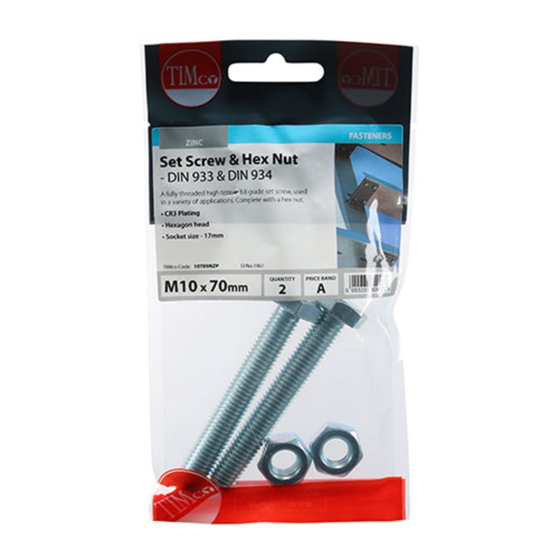 Timco Set Screws & Hex Nuts – Grade 8.8 – Zinc M10 x 70