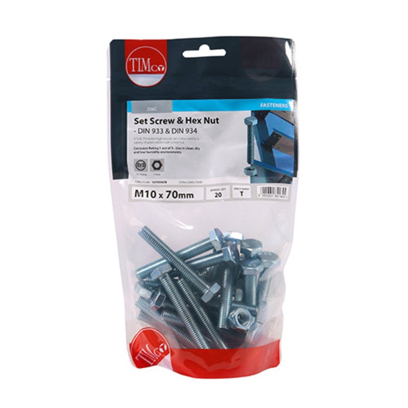 Timco Set Screws & Hex Nuts – Grade 8.8 – Zinc M10 x 70 – 20 Pieces
