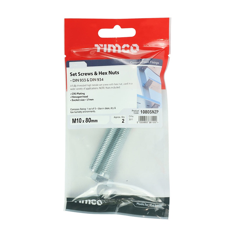Timco Set Screws & Hex Nuts – Grade 8.8 – Zinc M10 x 80