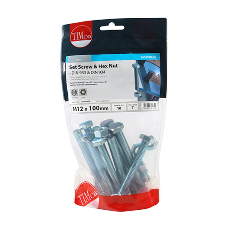 Timco Set Screws & Hex Nuts – Grade 8.8 – Zinc M12 x 100 – 10 Pieces