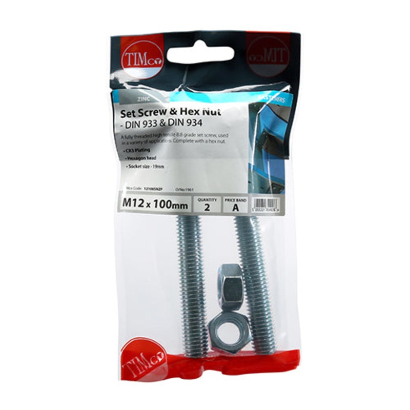 Timco Set Screws & Hex Nuts – Grade 8.8 – Zinc M12 x 100