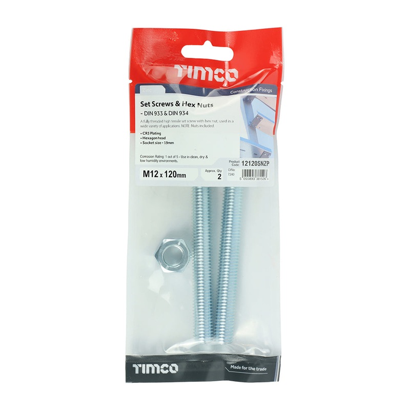Timco Set Screws & Hex Nuts – Grade 8.8 – Zinc M12 x 120