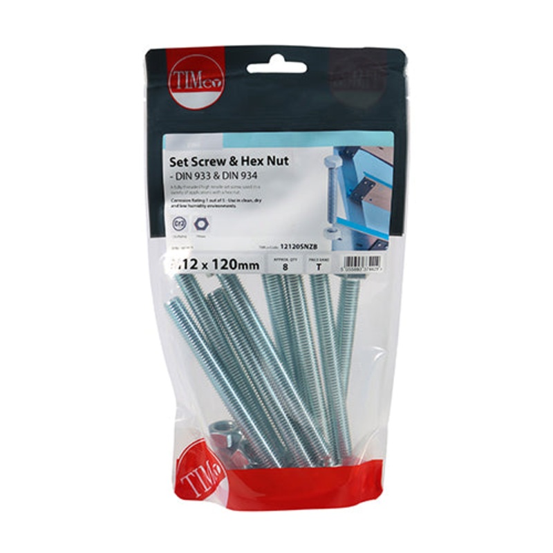 Timco Set Screws & Hex Nuts – Grade 8.8 – Zinc M12 x 120 – 8 Pieces