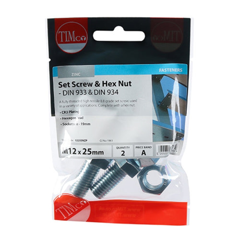Timco Set Screws & Hex Nuts – Grade 8.8 – Zinc M12 x 25