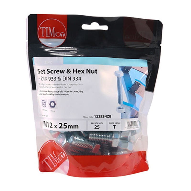 Timco Set Screws & Hex Nuts – Grade 8.8 – Zinc M12 x 25 – 25 Pieces