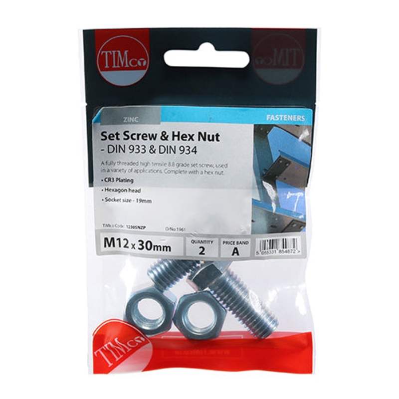 Timco Set Screws & Hex Nuts – Grade 8.8 – Zinc M12 x 30