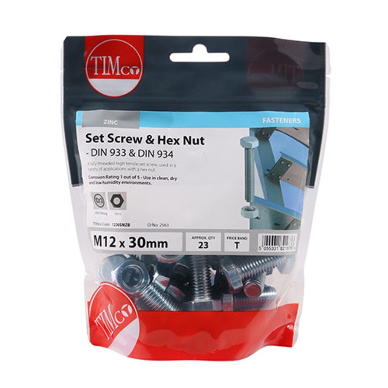 Timco Set Screws & Hex Nuts – Grade 8.8 – Zinc M12 x 30 – 23 Pieces