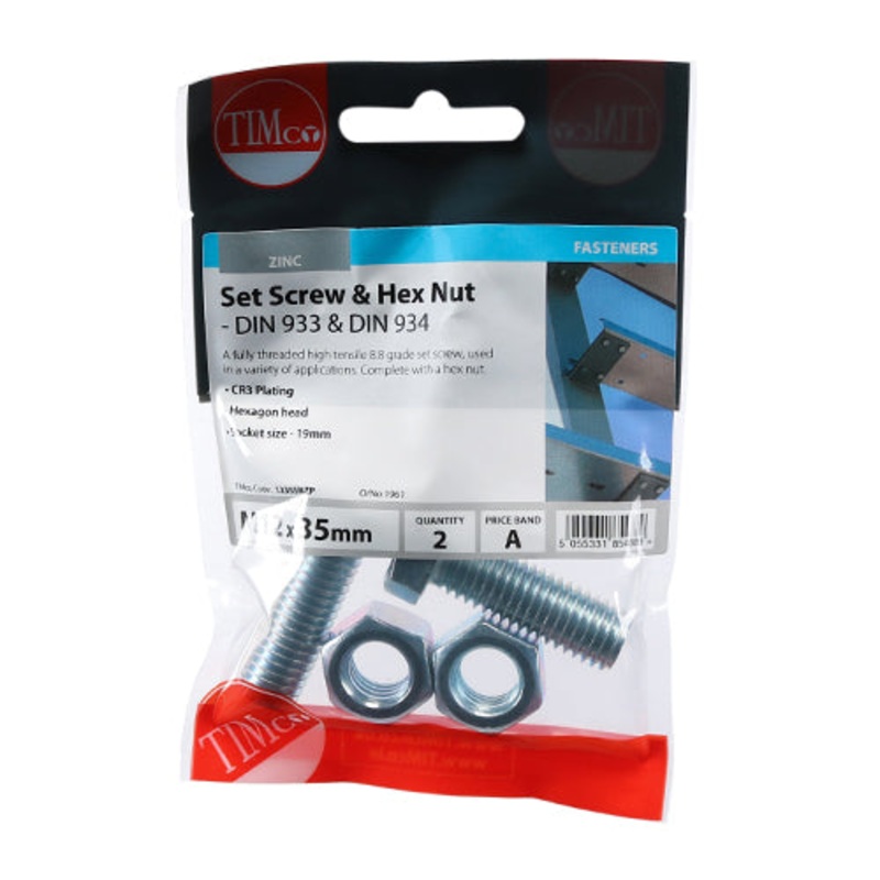 Timco Set Screws & Hex Nuts – Grade 8.8 – Zinc M12 x 35