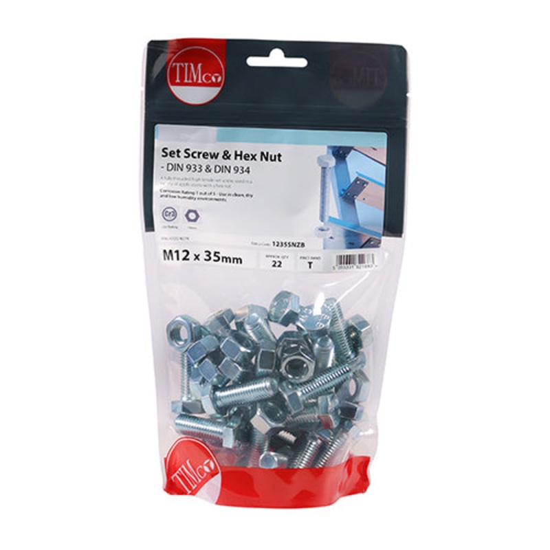 Timco Set Screws & Hex Nuts – Grade 8.8 – Zinc M12 x 35 – 22 Pieces