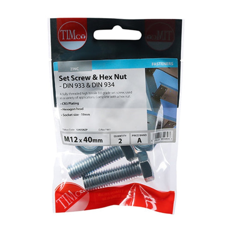 Timco Set Screws & Hex Nuts – Grade 8.8 – Zinc M12 x 40
