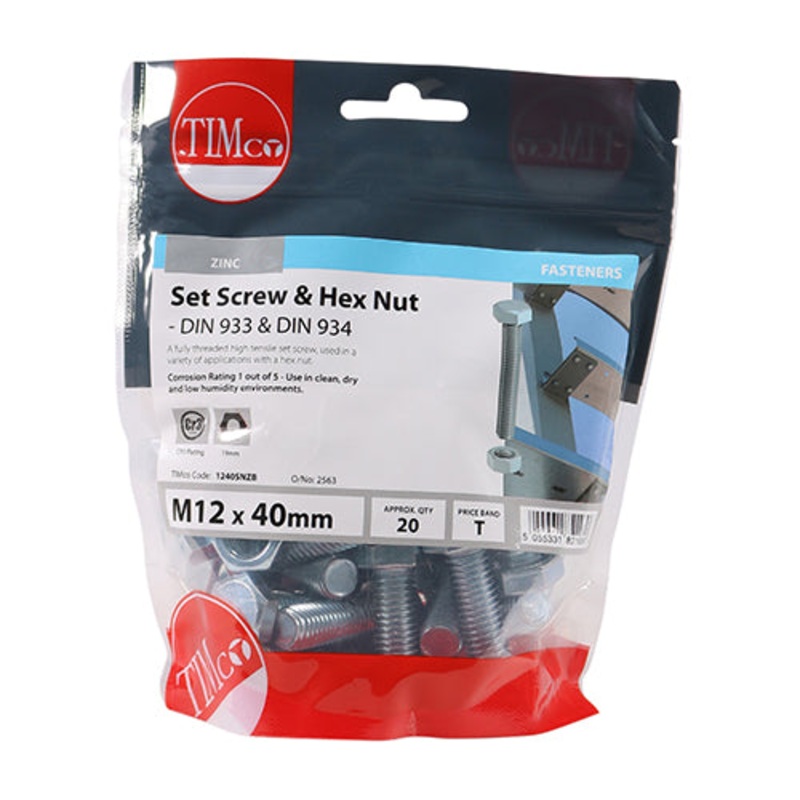 Timco Set Screws & Hex Nuts – Grade 8.8 – Zinc M12 x 40 – 20 Pieces