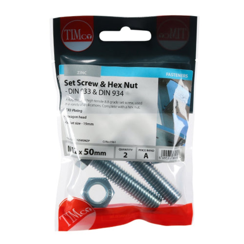 Timco Set Screws & Hex Nuts – Grade 8.8 – Zinc M12 x 50