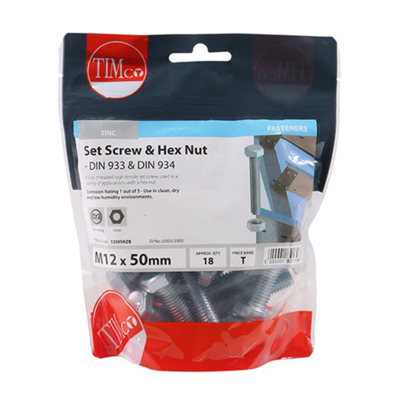 Timco Set Screws & Hex Nuts – Grade 8.8 – Zinc M12 x 50 – 18 Pieces