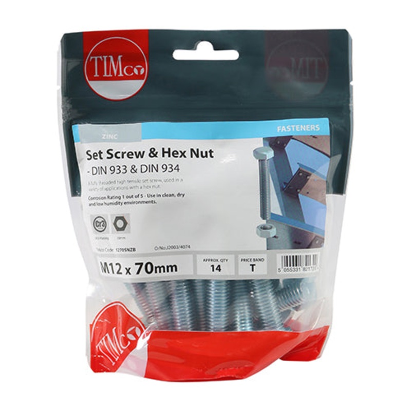 Timco Set Screws & Hex Nuts – Grade 8.8 – Zinc M12 x 70 – 14 Pieces