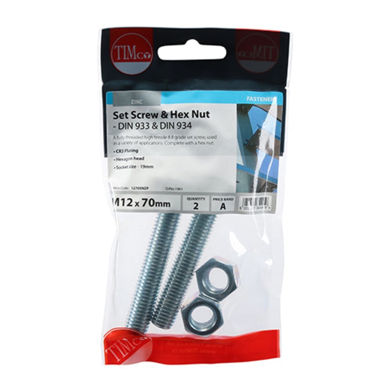Timco Set Screws & Hex Nuts – Grade 8.8 – Zinc M12 x 70