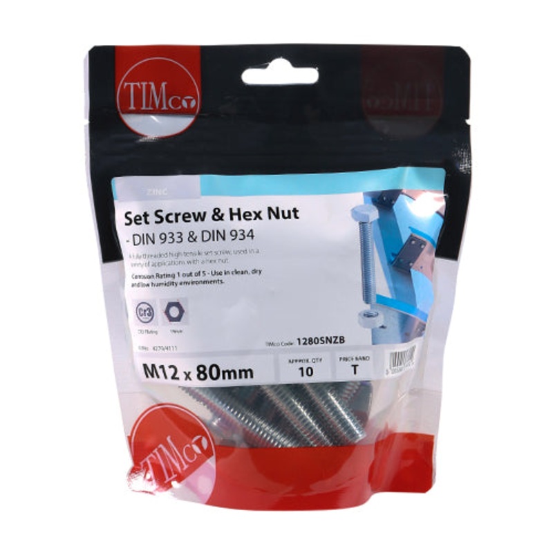 Timco Set Screws & Hex Nuts – Grade 8.8 – Zinc M12 x 80 – 10 Pieces