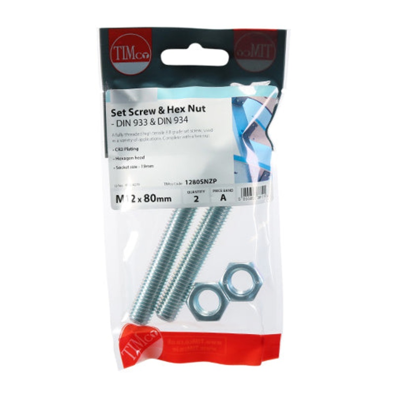 Timco Set Screws & Hex Nuts – Grade 8.8 – Zinc M12 x 80