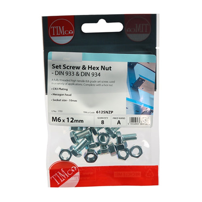 Timco Set Screws & Hex Nuts – Grade 8.8 – Zinc M6 x 12 – 8 Pieces