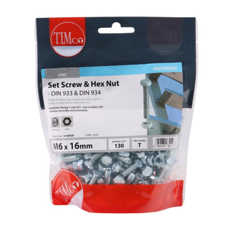 Timco Set Screws & Hex Nuts – Grade 8.8 – Zinc M6 x 16 – 130 Pieces