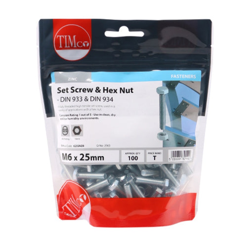 Timco Set Screws & Hex Nuts – Grade 8.8 – Zinc M6 x 25 – 100 Pieces