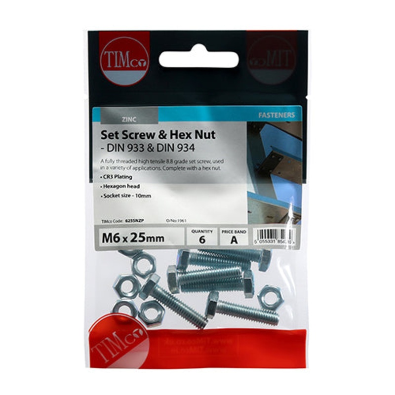 Timco Set Screws & Hex Nuts – Grade 8.8 – Zinc M6 x 25 – 6 Pieces