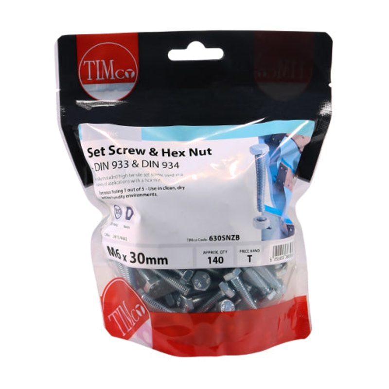 Timco Set Screws & Hex Nuts – Grade 8.8 – Zinc M6 x 30 – 140 Pieces