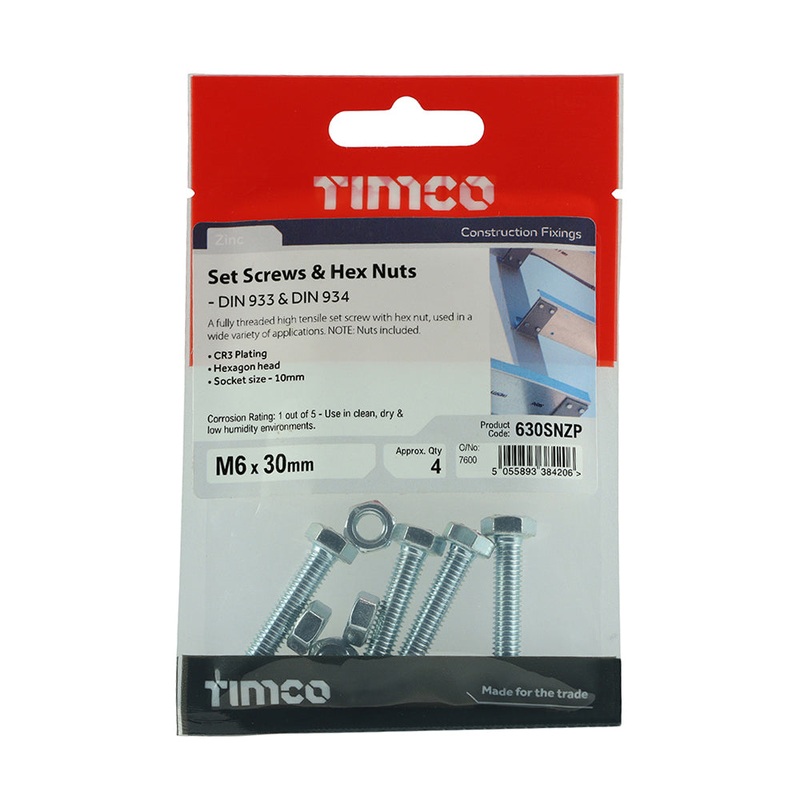 Timco Set Screws & Hex Nuts – Grade 8.8 – Zinc M6 x 30 – 4 Pieces