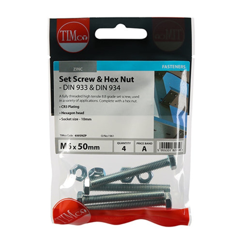 Timco Set Screws & Hex Nuts – Grade 8.8 – Zinc M6 x 50 – 4 Pieces