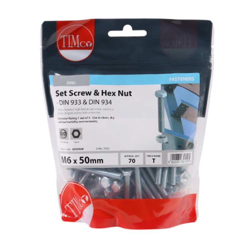 Timco Set Screws & Hex Nuts – Grade 8.8 – Zinc M6 x 50 – 70 Pieces