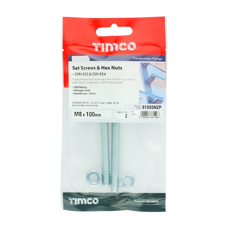 Timco Set Screws & Hex Nuts – Grade 8.8 – Zinc M8 x 100