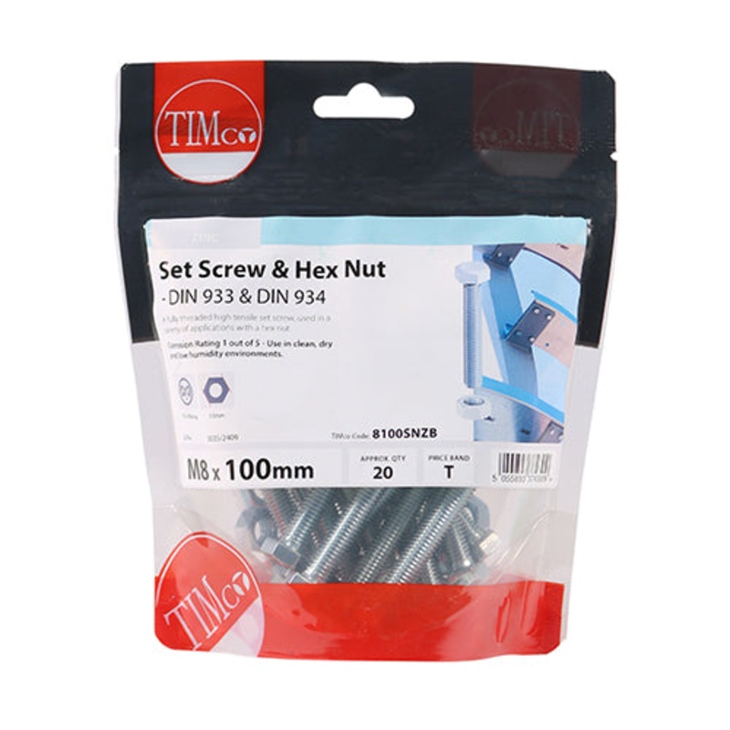 Timco Set Screws & Hex Nuts – Grade 8.8 – Zinc M8 x 100 – 20 Pieces