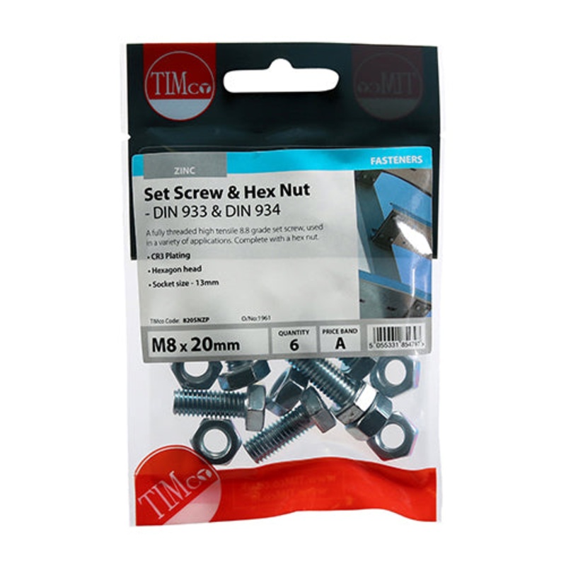 Timco Set Screws & Hex Nuts – Grade 8.8 – Zinc M8 x 20 – 6 Pieces