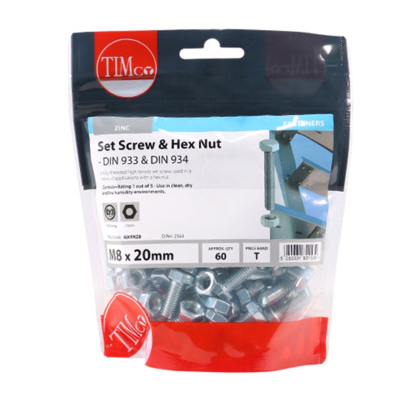 Timco Set Screws & Hex Nuts – Grade 8.8 – Zinc M8 x 20 – 60 Pieces