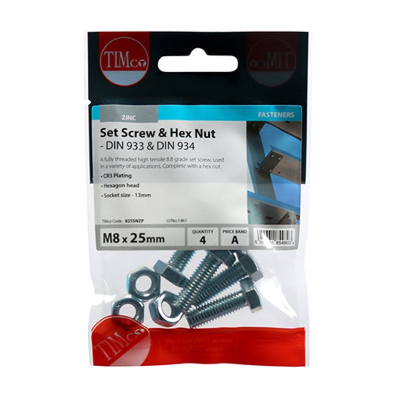 Timco Set Screws & Hex Nuts – Grade 8.8 – Zinc M8 x 25 – 4 Pieces