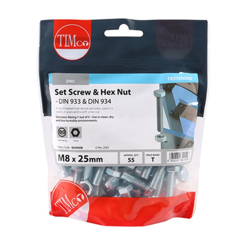 Timco Set Screws & Hex Nuts – Grade 8.8 – Zinc M8 x 25 – 55 Pieces