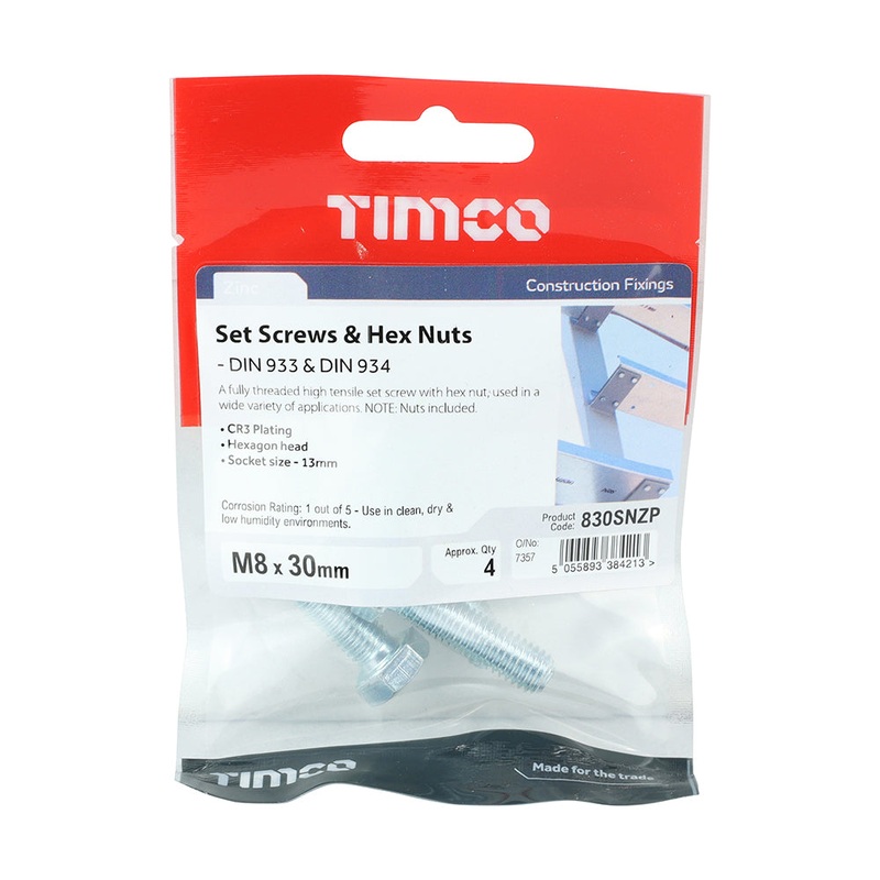 Timco Set Screws & Hex Nuts – Grade 8.8 – Zinc M8 x 30 – 4 Pieces