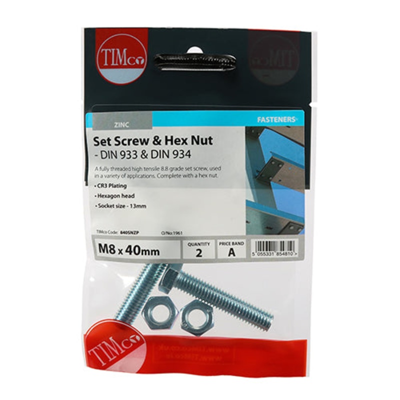 Timco Set Screws & Hex Nuts – Grade 8.8 – Zinc M8 x 40