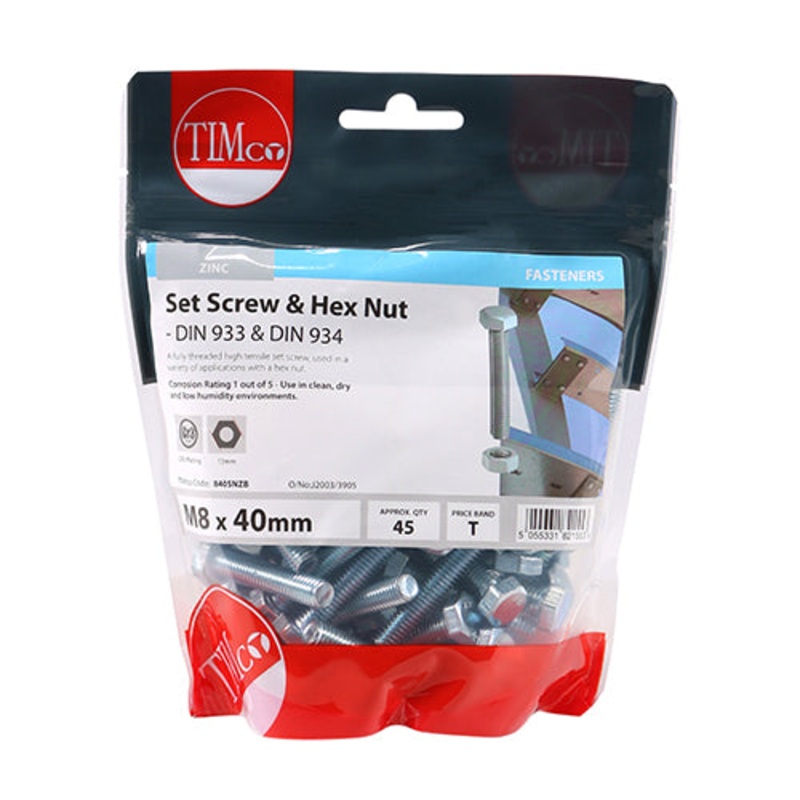 Timco Set Screws & Hex Nuts – Grade 8.8 – Zinc M8 x 40 – 45 Pieces