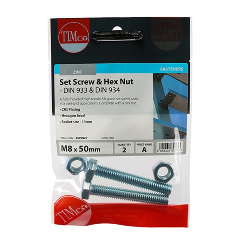 Timco Set Screws & Hex Nuts – Grade 8.8 – Zinc M8 x 50