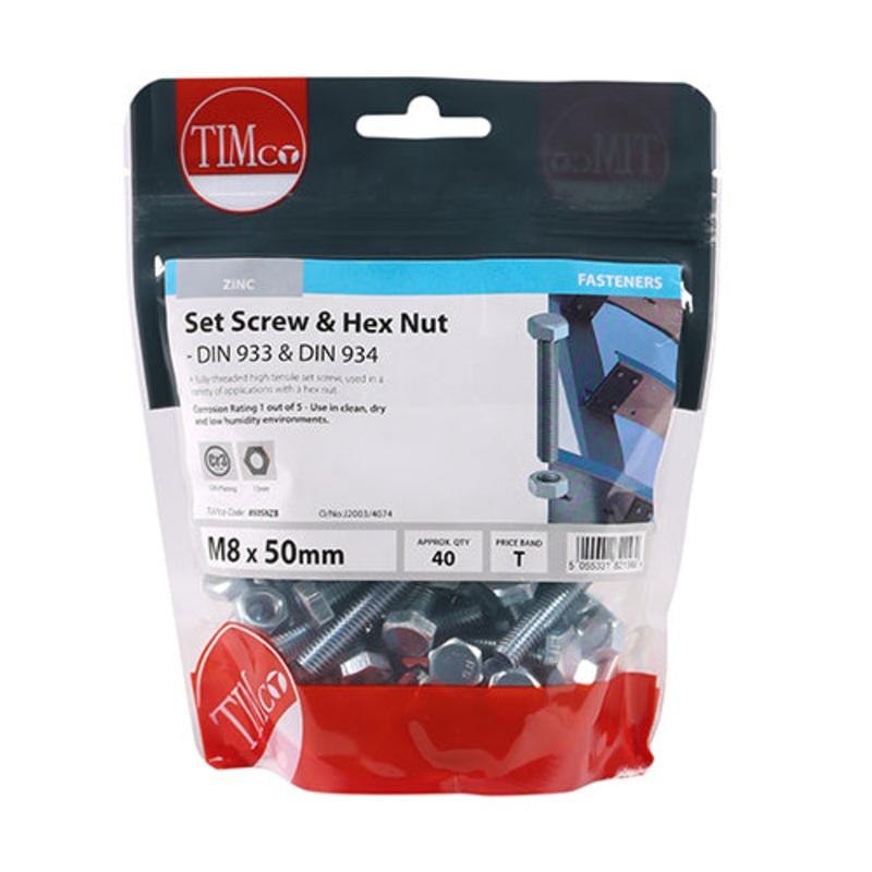 Timco Set Screws & Hex Nuts – Grade 8.8 – Zinc M8 x 50 – 40 Pieces