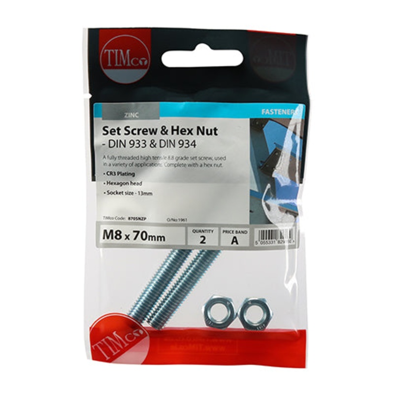 Timco Set Screws & Hex Nuts – Grade 8.8 – Zinc M8 x 70