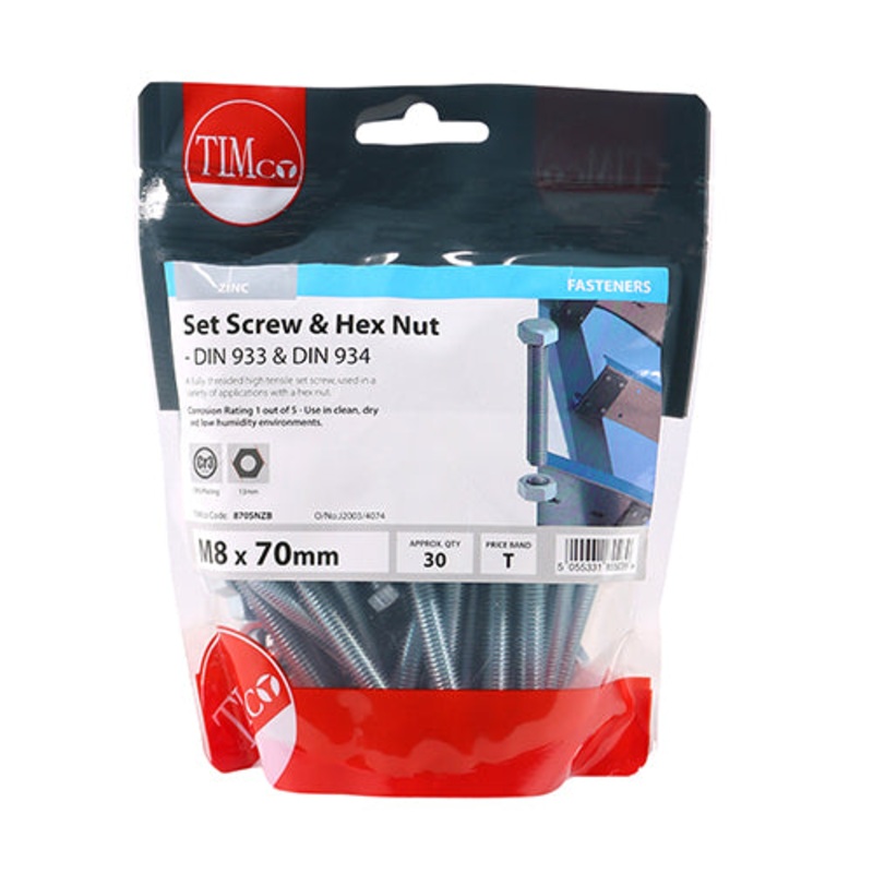 Timco Set Screws & Hex Nuts – Grade 8.8 – Zinc M8 x 70 – 30 Pieces