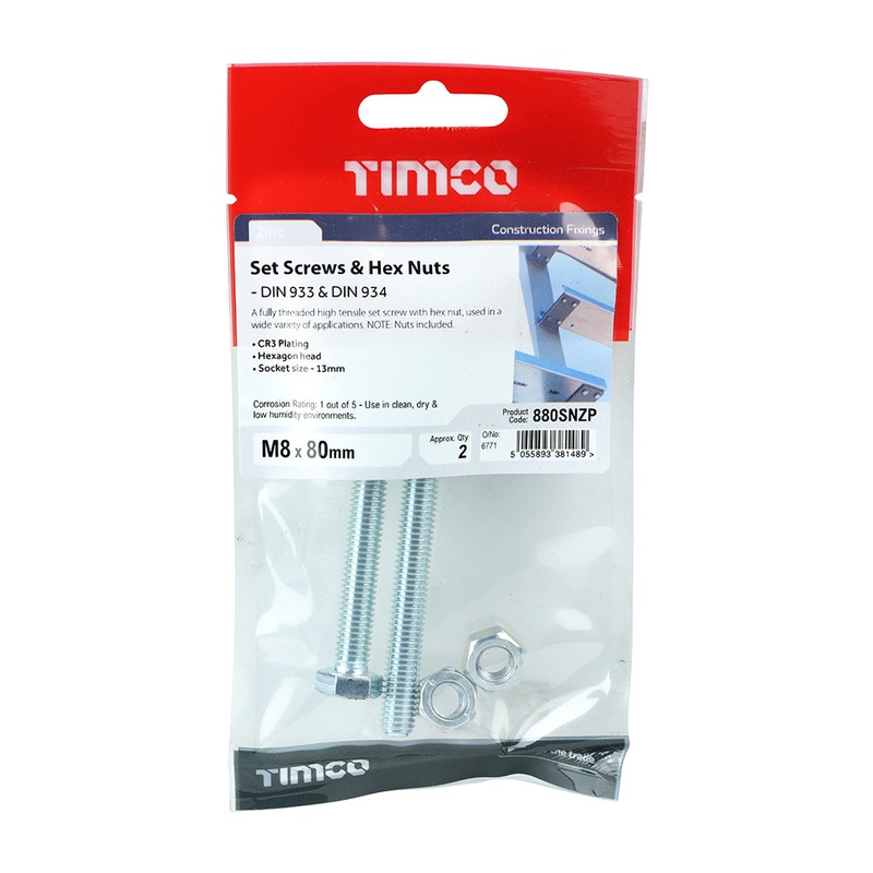 Timco Set Screws & Hex Nuts – Grade 8.8 – Zinc M8 x 80