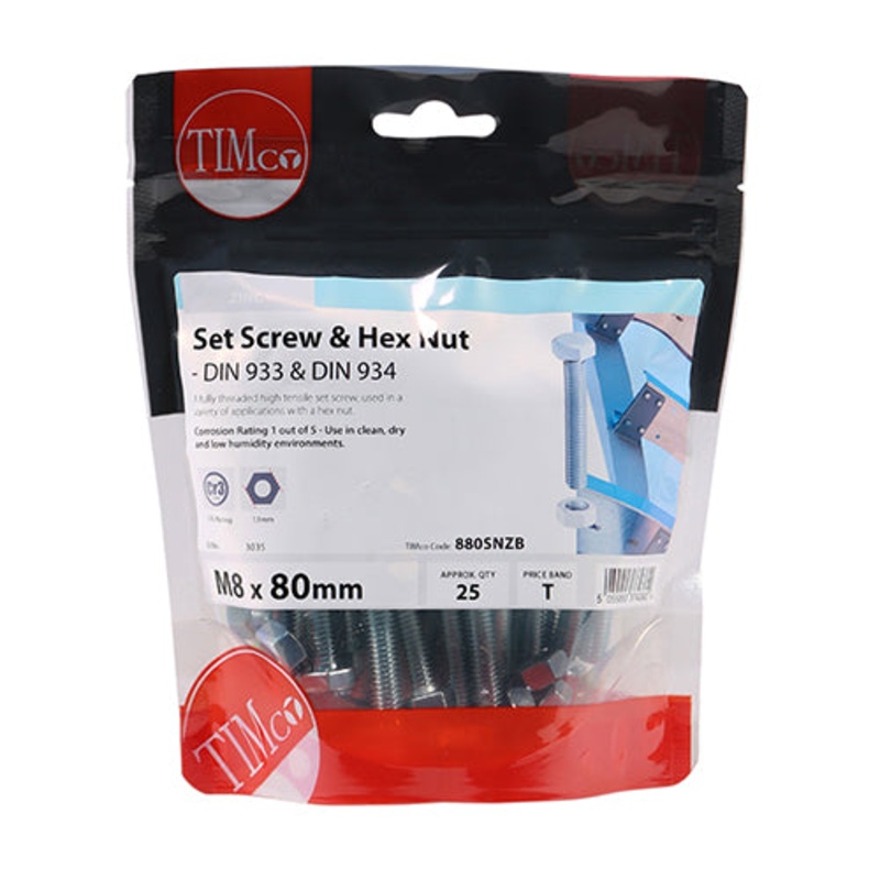 Timco Set Screws & Hex Nuts – Grade 8.8 – Zinc M8 x 80 – 25 Pieces